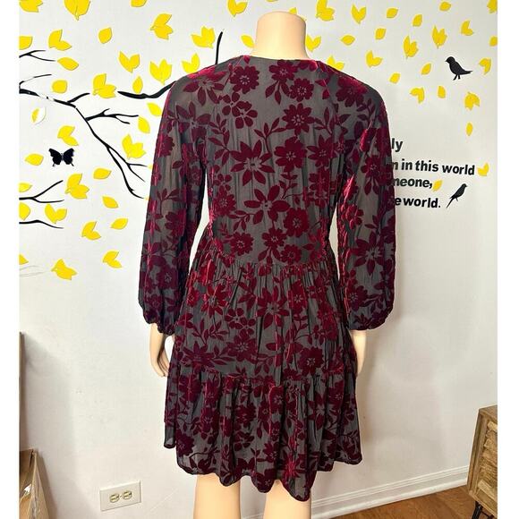 Just Taylor Burgundy‎ Floral 3/4 Puff Sleeves Dress Size 8 - Picture 4 of 10